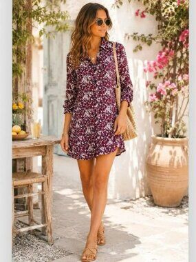 Natural Life Twiggy Mini Shirt Dress purple/burgundy ditsy floral print Large